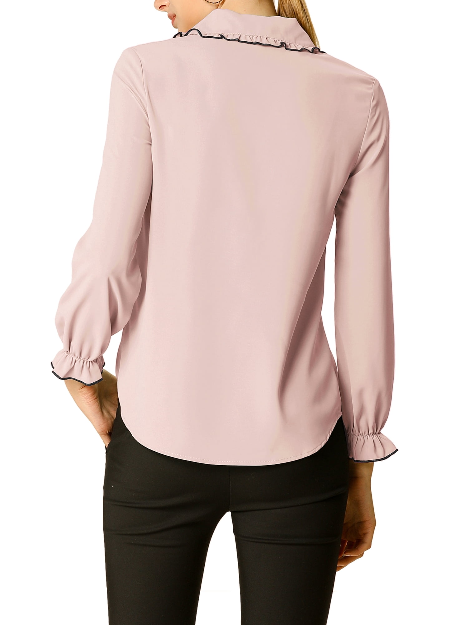 DARING DIVA Women's Peter Pan Collar Ruffle Long Sleeve Shirt M Pink