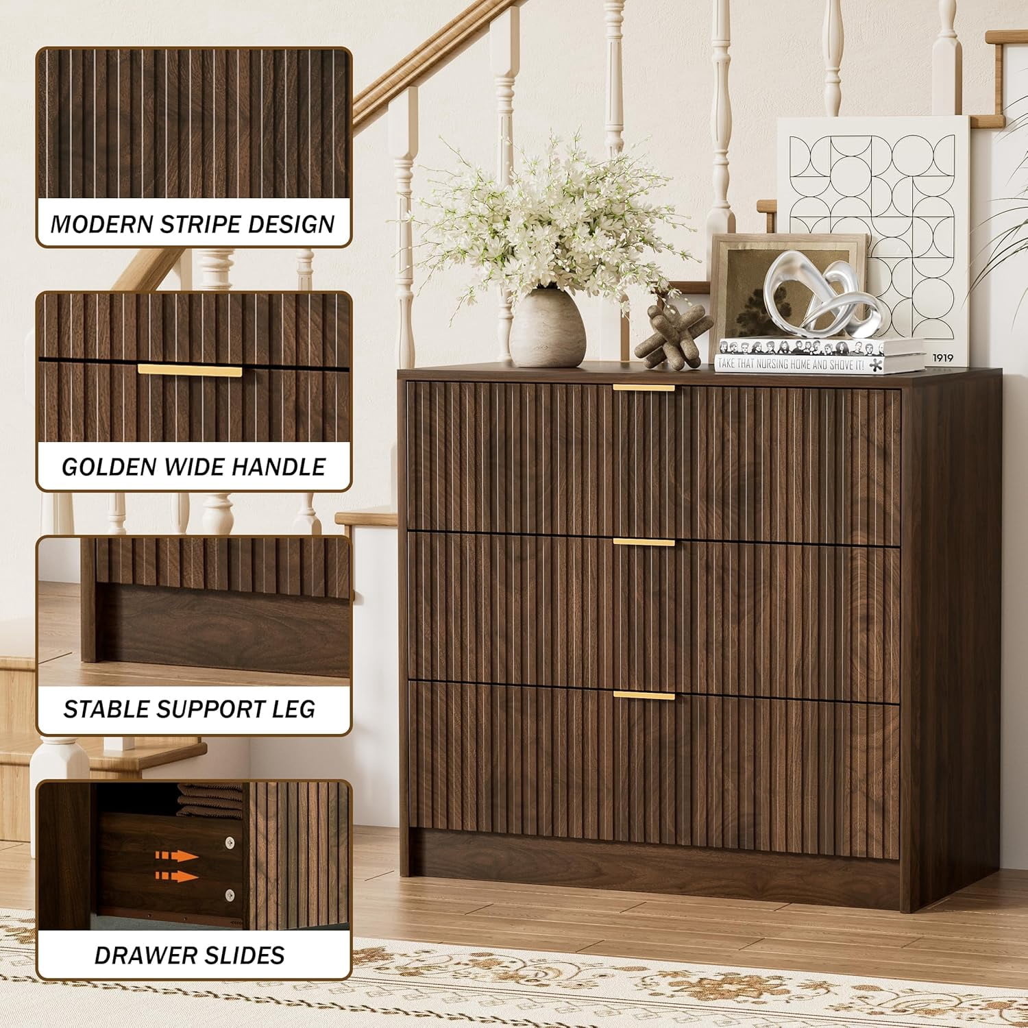 Walnut Dresser for Bedroom, Modern Dresser with 3 Drawers and Smooth Slides, Wide Chest of Drawers with Golden Handles for Bedroom, Living Room, Closet, 15.7" D x 31.5" W x 29.6" H