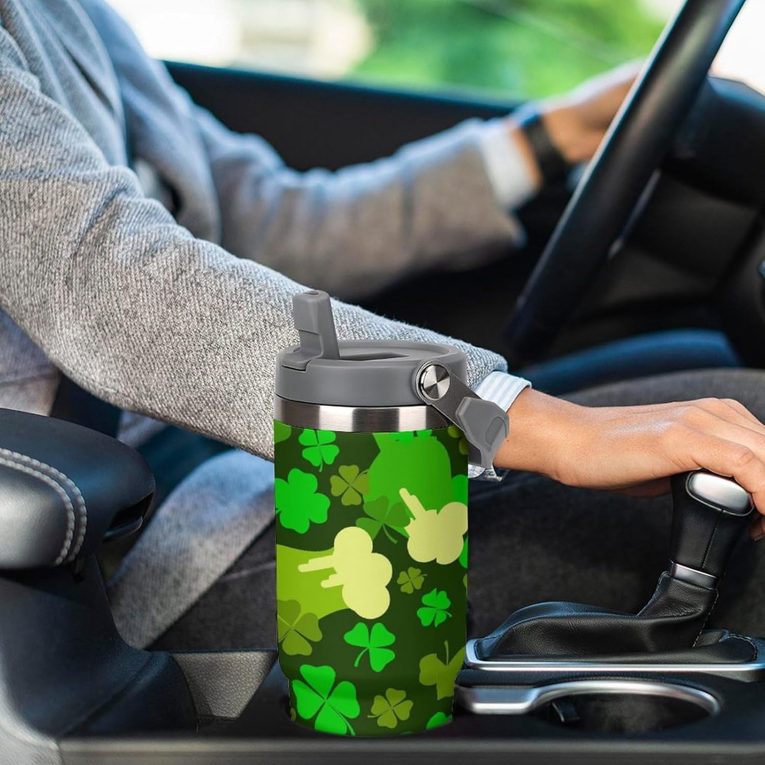 30oz Tumbler with Handle Travel Mug Straw with Lid,Clover Glasses Beer Insulated Stainless Steel,Leak Proof,Cupholder Friendly Water Iced Tea Coffee Gift