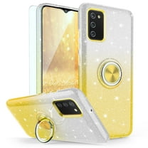 TJS for Samsung Galaxy A02S Phone Case, with Tempered Glass Screen Protector, Two Tone Shinny Glitter Metal Ring Magnetic Support Kickstand Cover (Yellow)