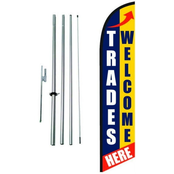 Trades Welcome Here Auto Dealership Advertising Feather Banner Swooper Flag Sign with Flag Pole Kit and Ground Stake