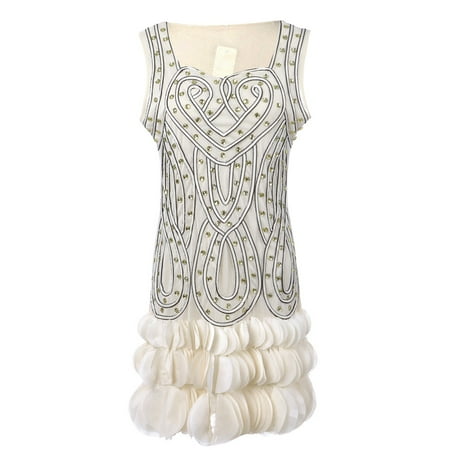 Womens Glam Beaded Heart Deco Petal Hem Flapper Inspired Mini Dress