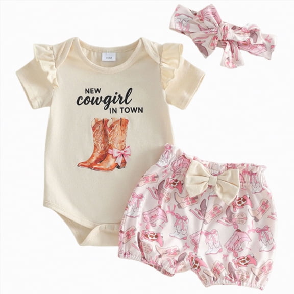 Linfrsh Toddler Summer Clothes Girls Baby Girl Summer Spring Clothes Baby Cowgirl Outfit New Cowgirl in Town Short Sleeve Romper Shorts and Headband(Beige,0-3 Months)