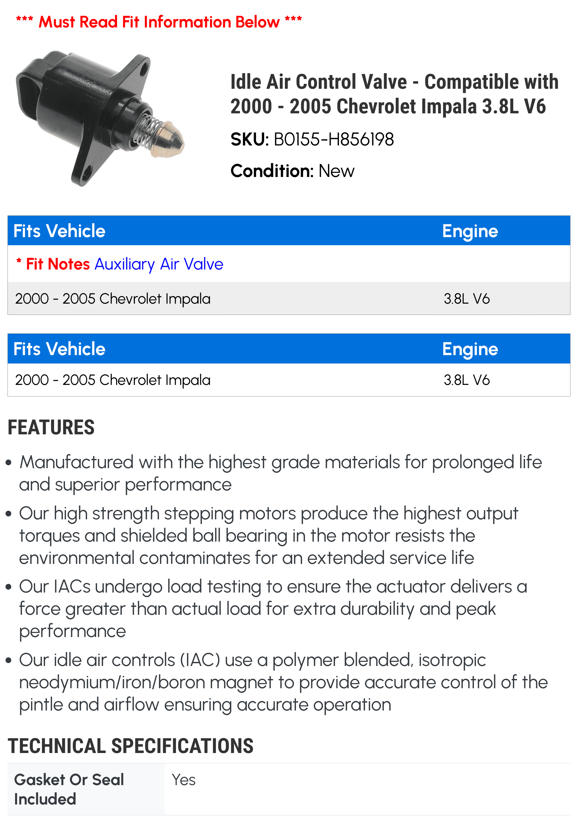 Idle Air Control Valve - Compatible with 2000 - 2005 Chevy Impala 3.8L V6 2001 2002 2003 2004