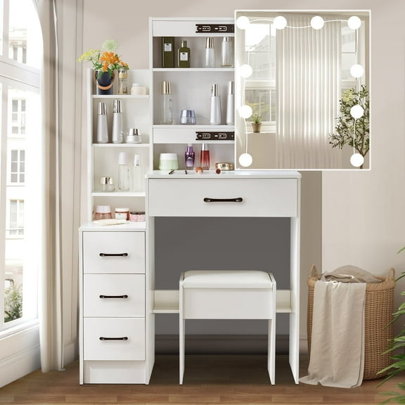 Teousev LED Vanity Table with 4 Drawers, Makeup Desk with Sliding Mirror & Stool for Bedroom, White
