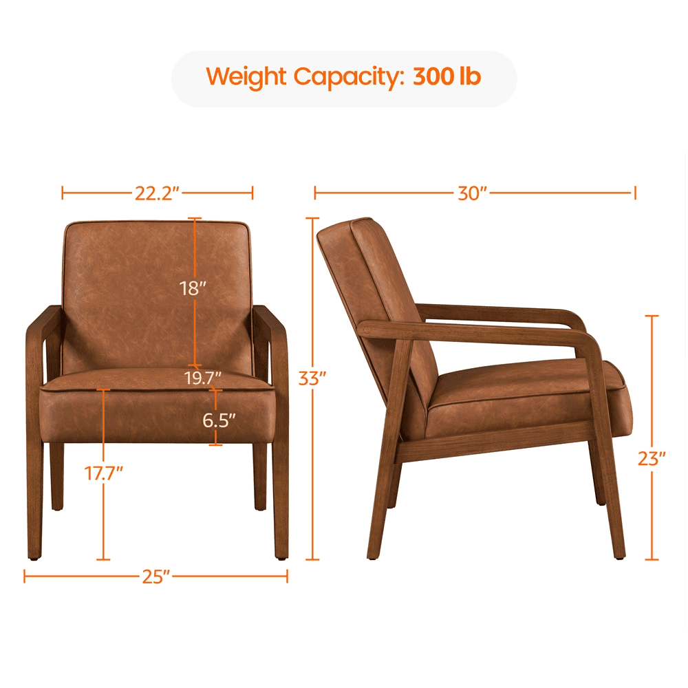 Renwick 2pcs Mid-Century Modern Upholstered Faux Leather Armchair, Light Brown