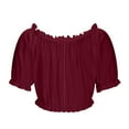 thumbnail image 6 of Women's Off Shoulder Ruffle Trim Ruched Short Sleeve Blouse Crop Top, 6 of 6
