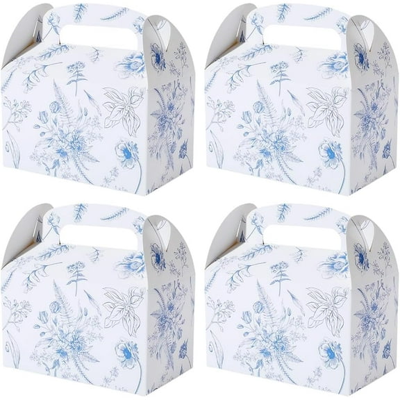 12Pcs Folding Paper Treat Boxes 6.3x3.7x3.7 Inch Floral Blue Cardboard Gift Box with Handle