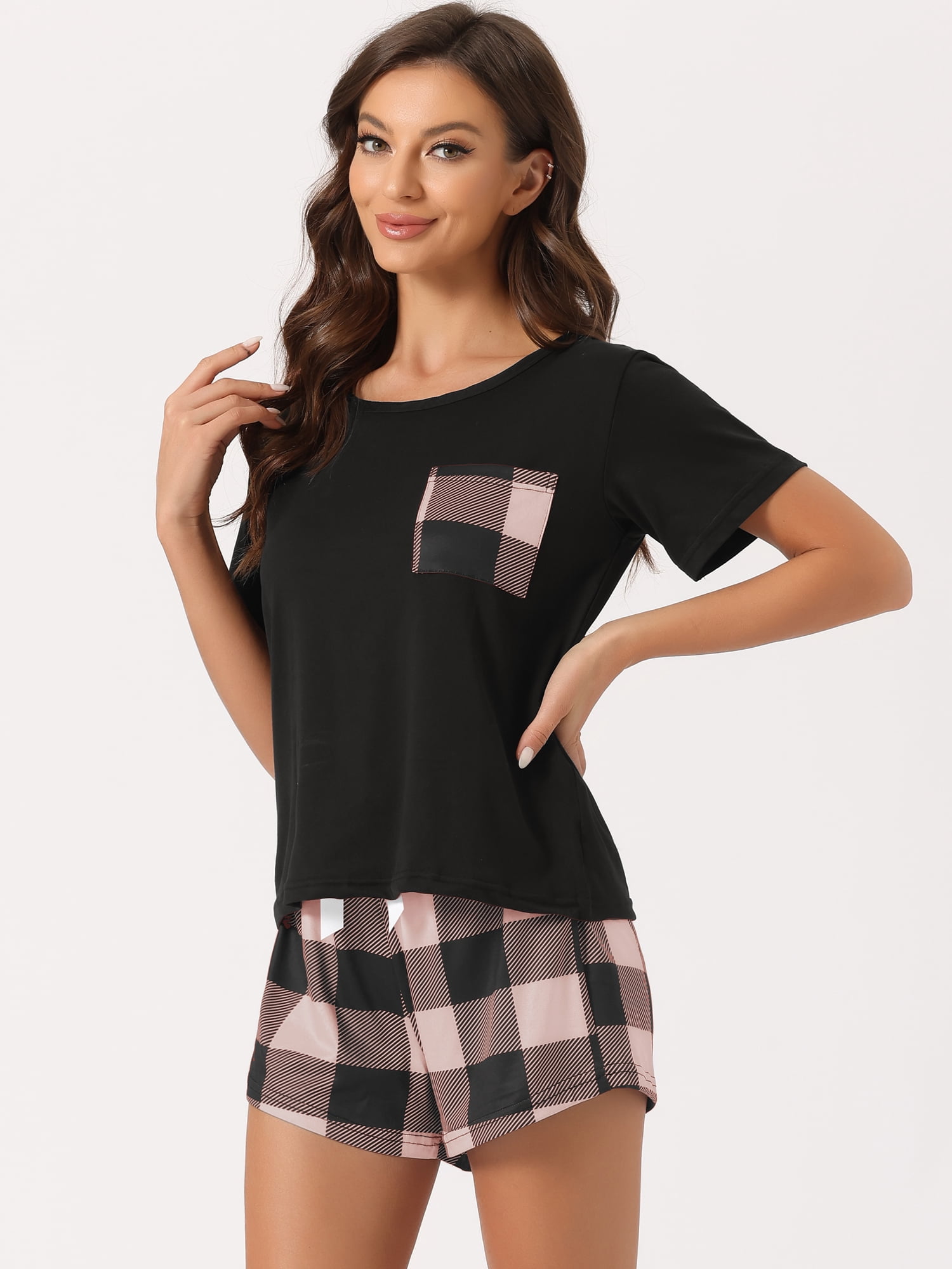 Unique Bargains Women Plaid Short Sleeve T-Shirt with Shorts Couple Pajama Set L Light Pink