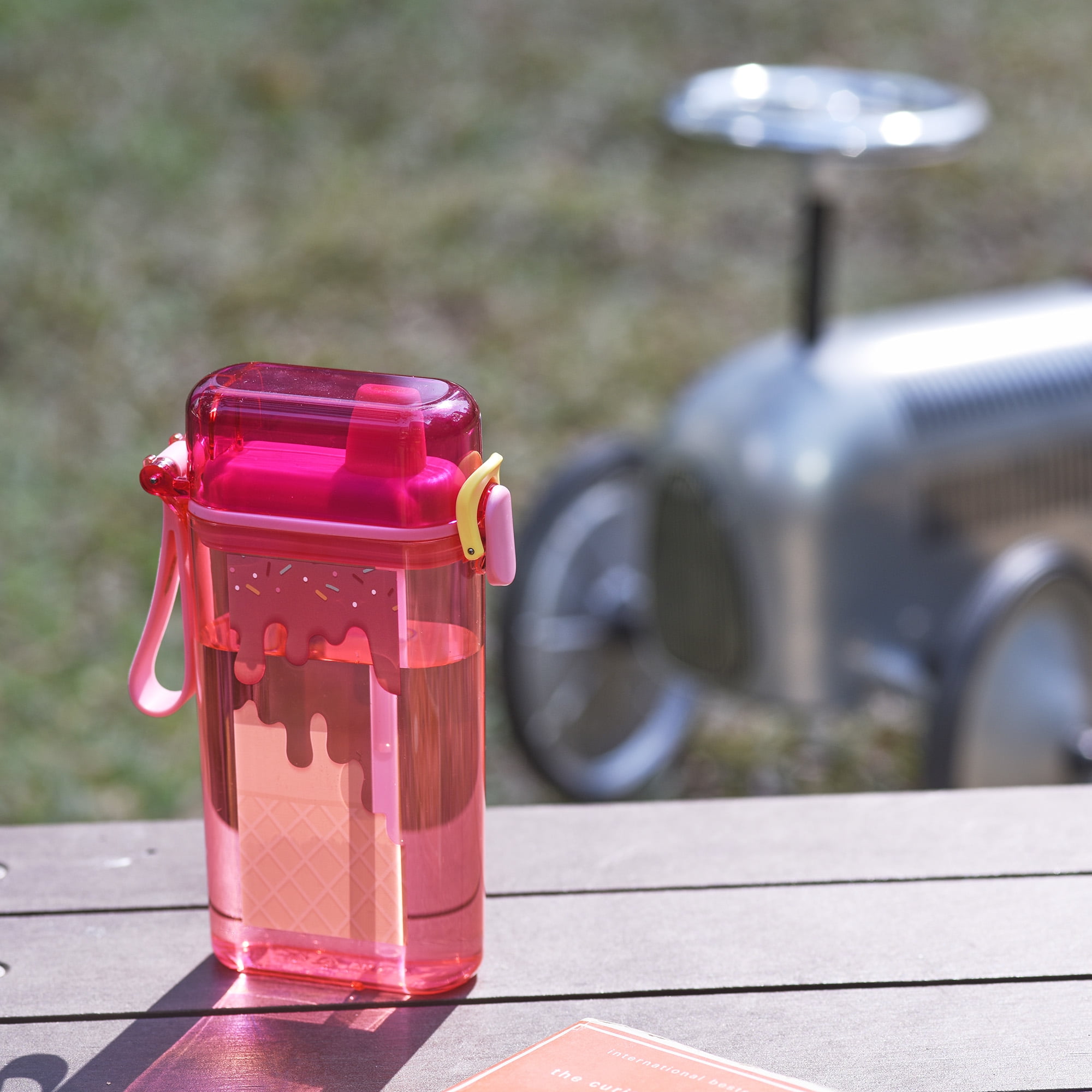 Mainstays 14oz Plastic Water Bottle with Flip Top Lid and Sipper Straw, Pink Ice Cream Cone