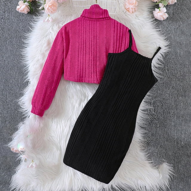TopLLC Robes pour Filles (8-12 Ans) Haut à Col Roulé Manches Longues + Camisole Robe Noire Ensemble 2 Pcs Robe en Coton