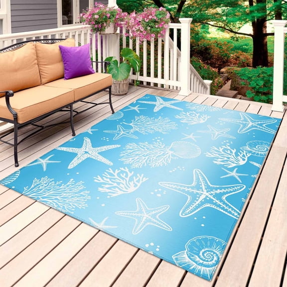 Blue Ombre Coastal Outdoor Rug 3x5 Ft, Non Slip Washable Area Rug, Sea Nautical Summer Beach Starfish Coral Patio Rugs Carpet Runner, Large Floor Mat for Indoor/Outdoor Deck Porch Camping
