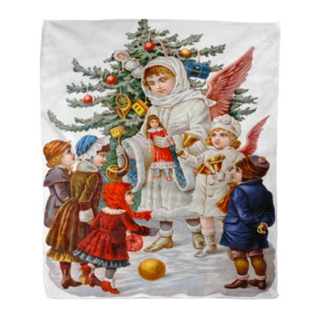 1890 Victorian Antique - ASHLEIGH Flannel Throw Blanket Vintage Victorian of Christmas Angels Giving to Children Circa 1890 Old Toys 58x80 Inch Lightweight Cozy Plush Fluffy Warm Fuzzy Soft