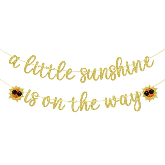 A Little Sunshine is On The Way Banner - Baby Shower Decorations for Boys, Gold Glitter Backdrop for Gender Reveal & Sunshine Birthday Party (Pre-Strung)