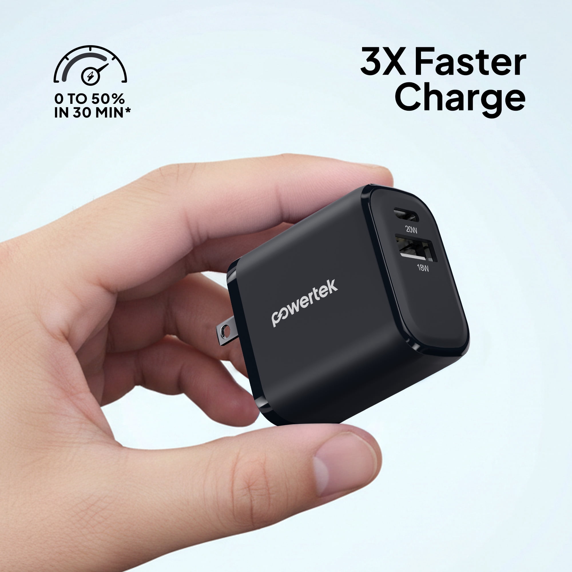 Powertek 20W USB-C + USB-A Wall Charger, Fast Charging Power Delivery Cube, Dual Port Compact Charger, Black