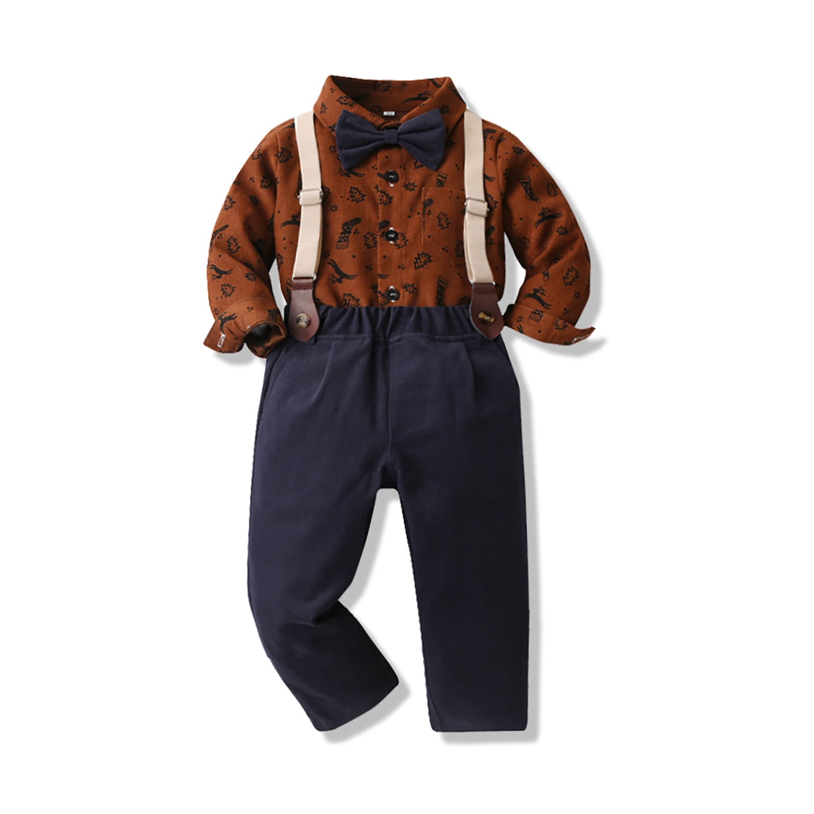 Splozh Boys Dress Clothes Boys Long Sleeved Shirt and Overalls Suit Comfortable Soft Fashionable Christmas Print Gentleman Suit for Boys Brown,12-18 Months