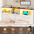 thumbnail image 4 of Farmhouse Bed Frame Full Size with Bookcase Headboard & Storage Drawers LED Wooden Platform Bed, White, 4 of 11