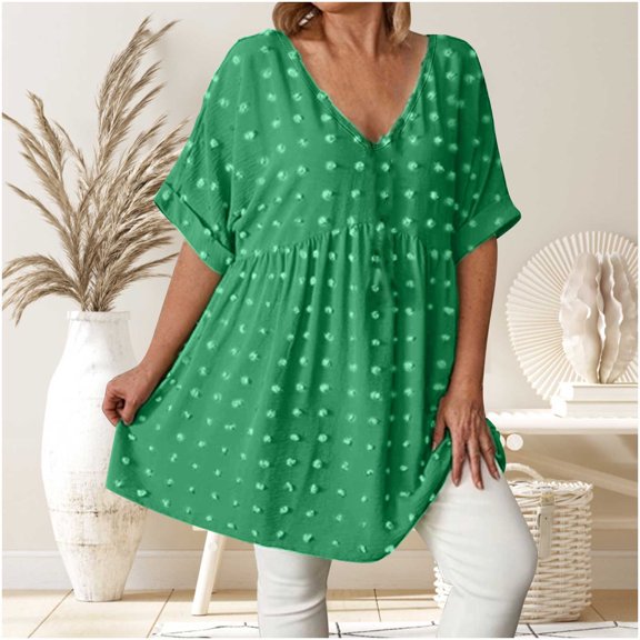ylioge Peplum Tops for Women Plus Size XL-5X Short Sleeve T Shirts Womens Cute Solid Color Swiss-Dot Loose Pullover Loungewear Beach Blouses Top