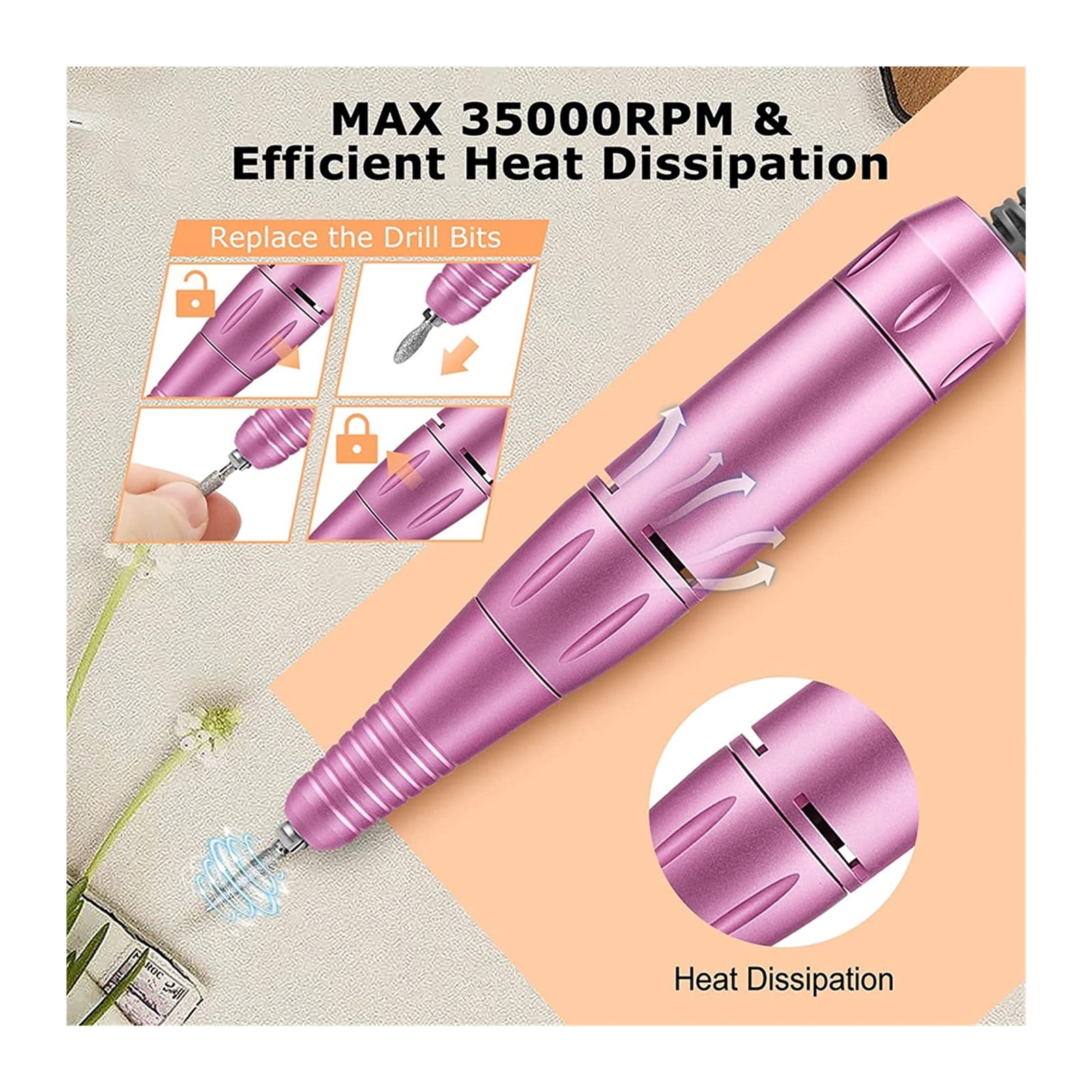 Electric Nail Drill For Acrylic Nails, Professional 35000RPM Rechargeable Nail Drill Machine For Acrylic Gel Polishing Remove ,Low Noise