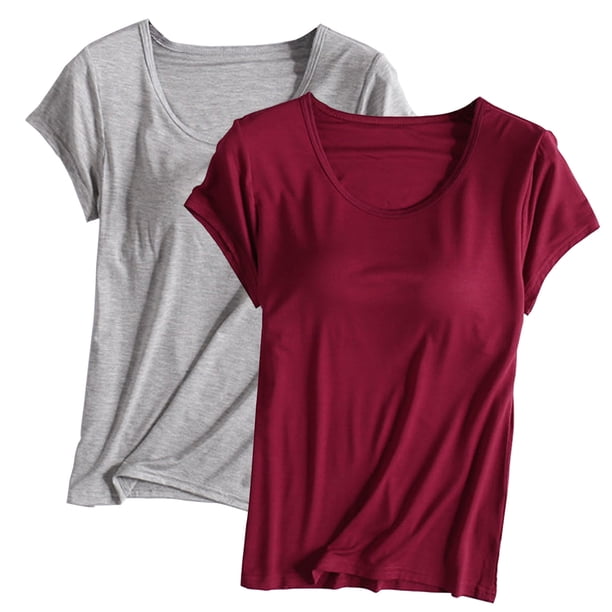 Pijama de manga corta para mujer, 2 piezas, color liso, cuello redondo, manga corta, con copa acolchada, ropa de casa, pijama de manga corta, pijama para mujer
