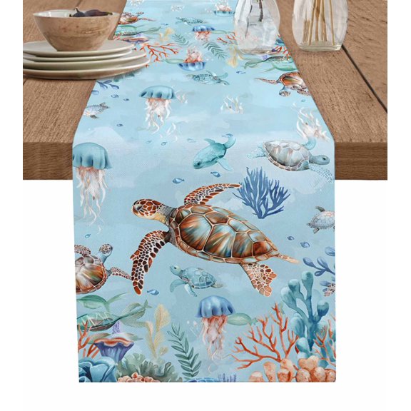 Ldtrchee Blue Sea Turtle Coastal Table Runner 36 Inches, Summer Beach Coral Jellyfish Bed Runner Dresser Scarves Tabletop for Indoor Outdoor Parties/Ceremony/Banquet, 13"x 36"