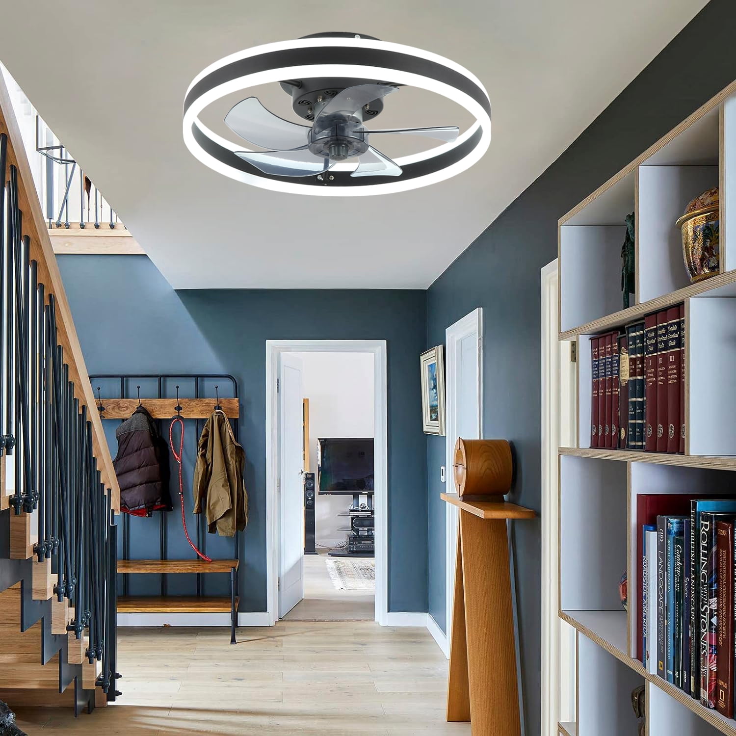 JLPAN Ceiling Fans with Lights, Low Profile Flush Mount Modern Bladeless Ceiling Fan and Remote Control, 19.7" Dimmable LED 3 Colors and 6 Speeds - Black