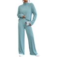 thumbnail image 3 of Conjunto de 2 piezas para mujer, de punto acanalado, cuello alto, manga larga, suéter, conjunto de pijama, pantalones de pierna ancha, conjuntos de salón, chándal, 3 of 5