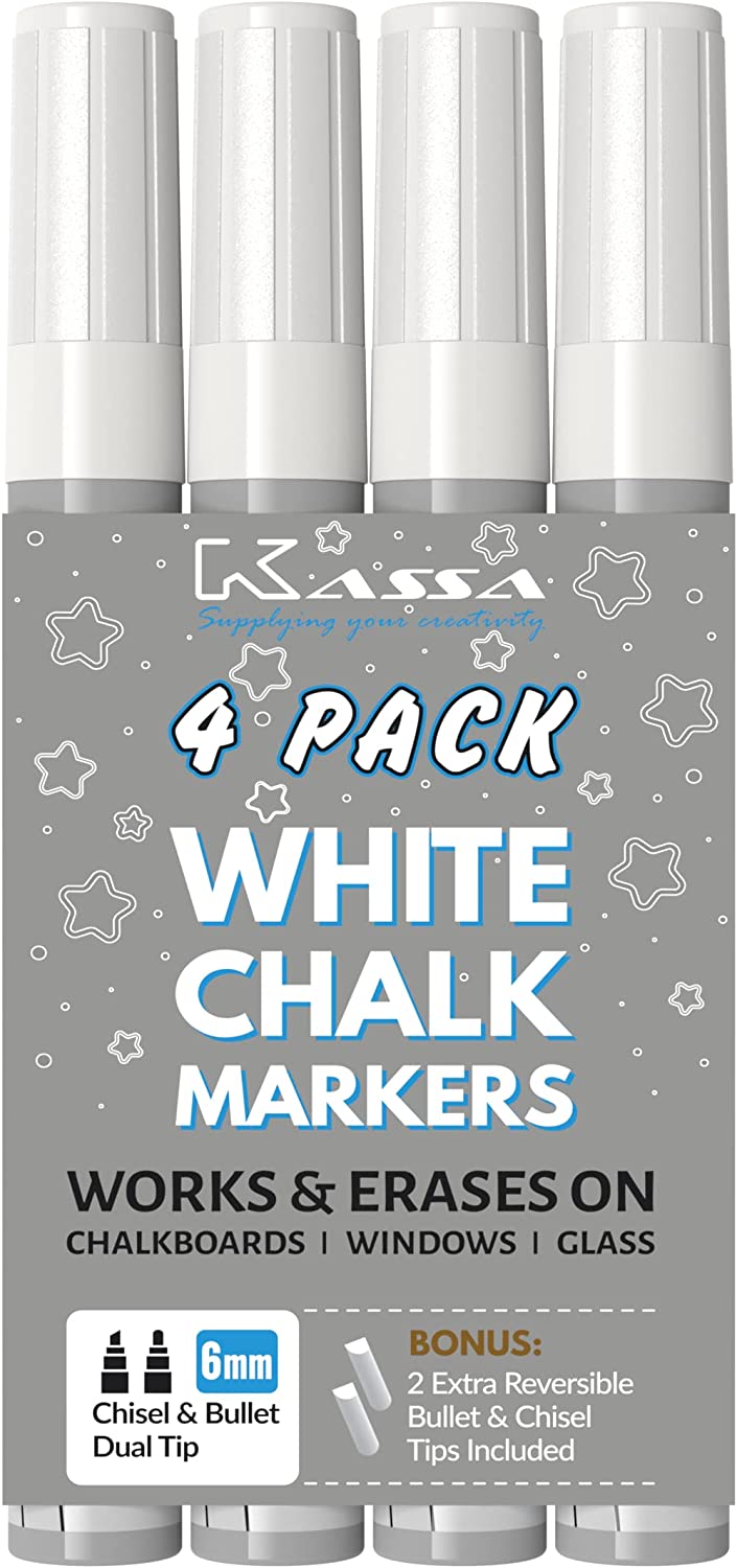 Kassa White (4 Pack) Liquid Chalkboard Markers: Erasable for Blackboard, Chalkboard Signs, Windows, Glass or Mirrors; Washable Chalk Board Paint Marker Pens with Reversible Dual Tip (Bullet & Chisel)