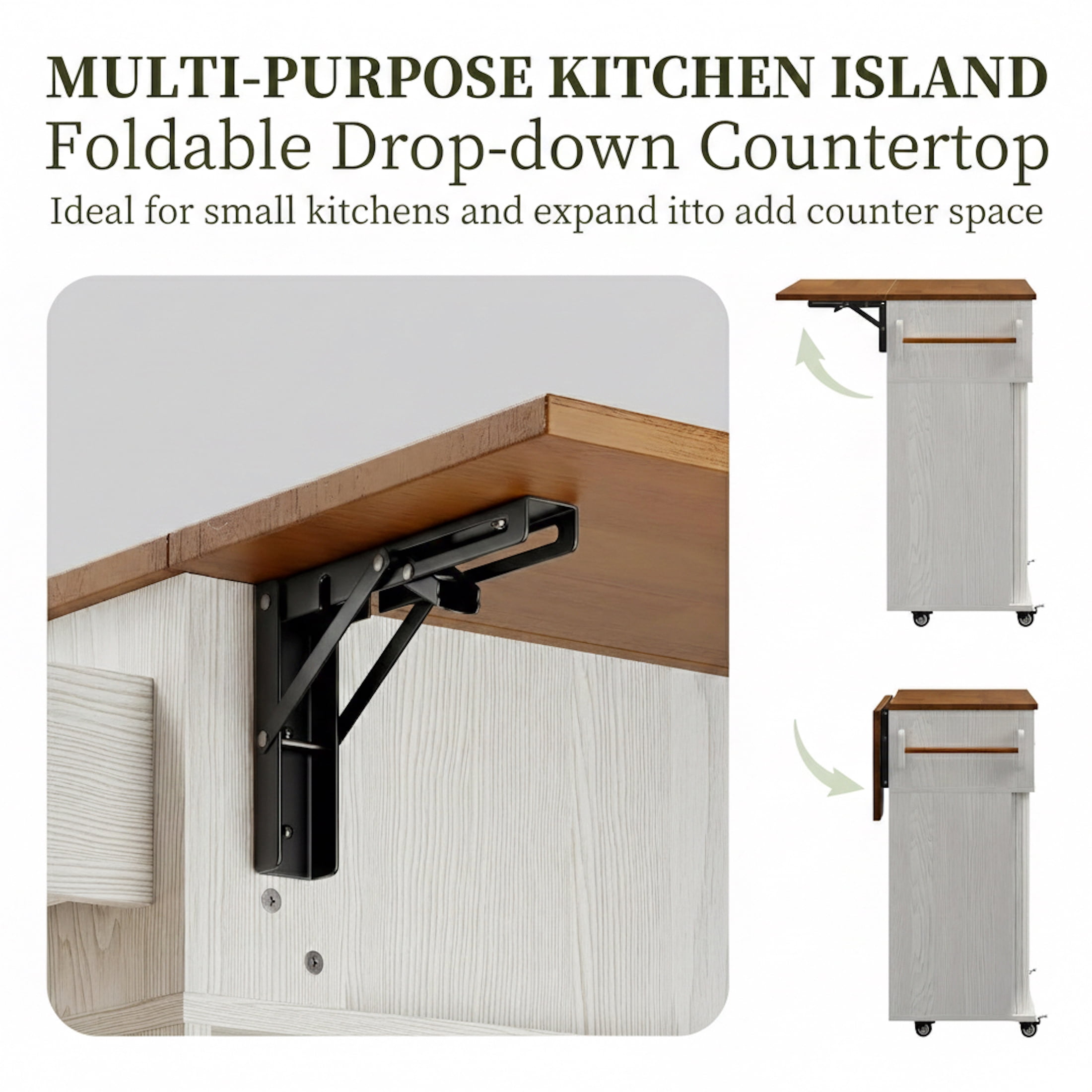 AISWORD Rolling Kitchen Island with Drop Leaf, Sliding Door, Drawers & Spice Rack, White