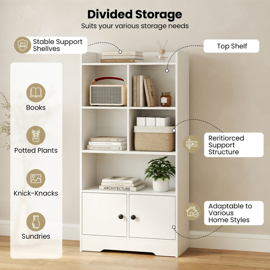 Spaco 4 Tiers Bookshelf with 4 Cubes Display Shelf and 2 Doors-White, Tall Bookshelf, Shelves for Living Room, Home Office, Bedroom, Balcony