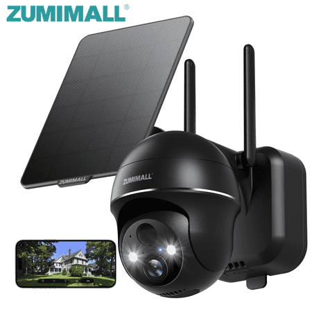 ZUMIMALL 2K Solar Security Camera Outdoor, 360° PTZ Wireless, 2.4GHz WiFi with Mount, Black