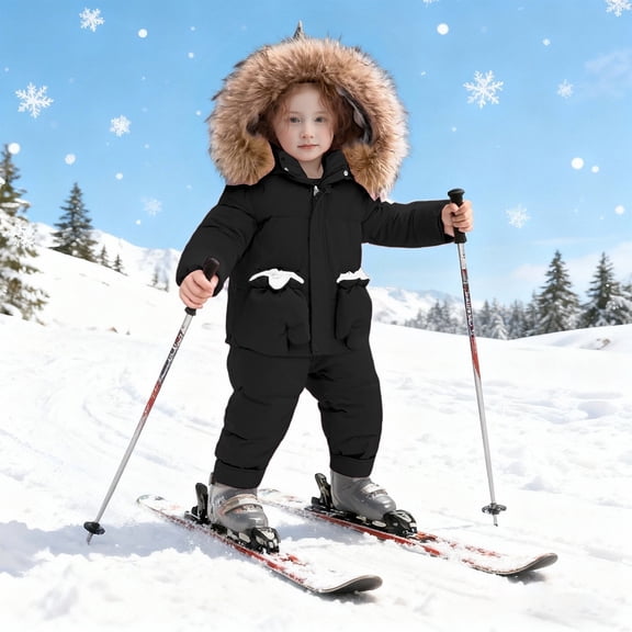 Letdown Toddler Baby Boys Girls Winter Puffer Snowsuit Clothes - Long Sleeve Hooded Jackets with Snow Bibs Sets 2PCS (#01-Black,2-3 Years)