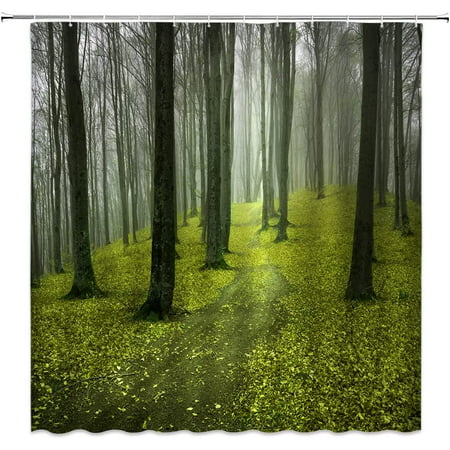 

Misty Forest Shower Curtain Foggy Trees Fallen Leaves Rustic Trunk Nature Mysterious Gothic Scene Home Decor Fabric Bathroom Set with Hooks（36 WX70 H）