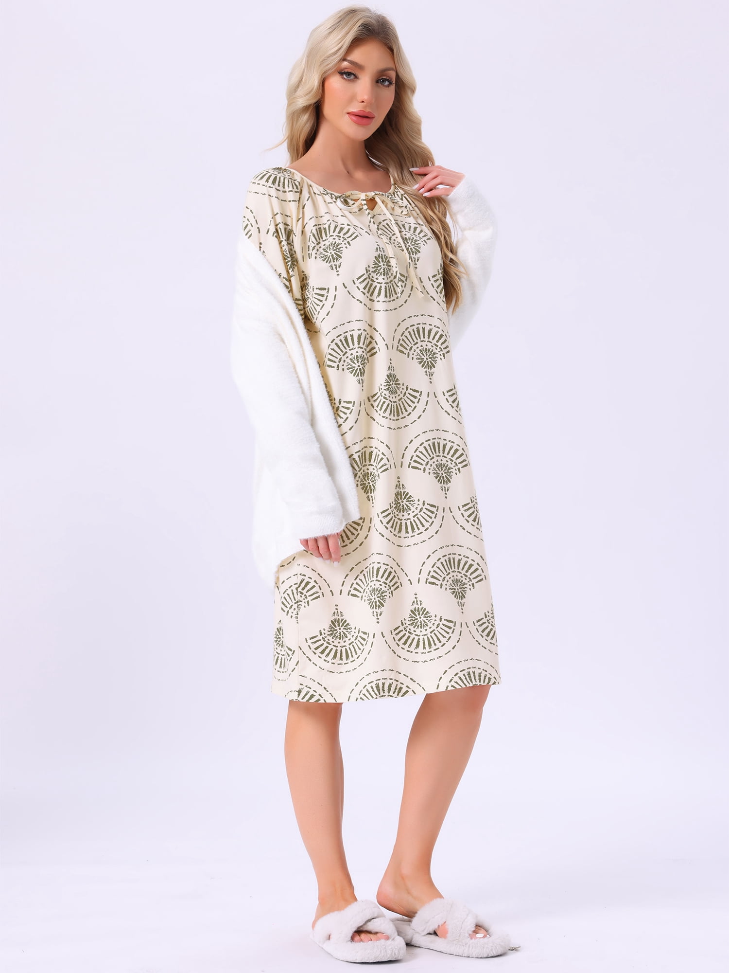 DARING DIVA Women's Long Sleeve Nightgown with Pocket L Green
