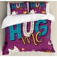 thumbnail image 1 of Hug Duvet Cover Set King Size, Happy Colorful Doodle of Cat Tea Cup Tiny Hearts and Hug Me Lettering, Decorative 3 Piece Bedding Set with 2 Pillow Shams, Multicolor, by Ambesonne, 1 of 3