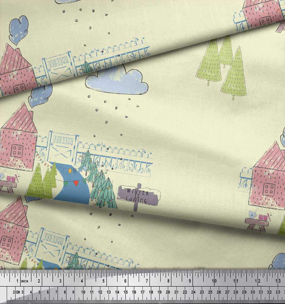 Soimoi Yellow Rayon Fabric Clouds & Tree Christmas Print Fabric by the Yard 42 Inch Wide