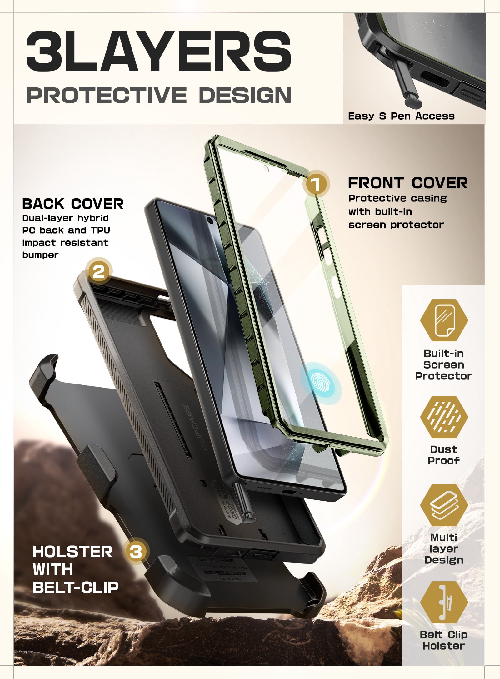 SUPCASE for Samsung Galaxy S25 Ultra Case with Stand, [Unicorn Beetle Pro] [2 Front Frames] [Built-in Screen Protector & Belt-Clip] Military-Grade Protection Phone Case for Galaxy S25 Ultra, Guldan