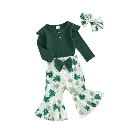 

FEORJGP Infant Baby Girl Irish Festivals Clothes Newborn Long Sleeve Romper Crew Neck Jumpsuit Solid Color Bodysuit with Shamrock Print Elastic Flare Pants and Bow Headband Casual Daily Outfit
