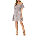 thumbnail image 2 of INSPIRE CHIC Women's Floral Printed Off Shoulder A-Line Smocked Dress Light Blue XS, 2 of 5