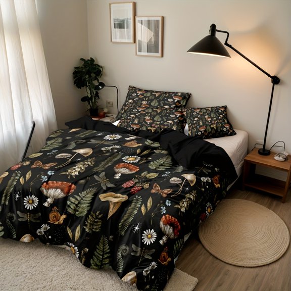 3pcs Polyester Forest Mushroom Pattern Printed Bedding And Quilt Cover Set, Suitable For Bedrooms And Guest Rooms. Soft And Comfortable Quilt Cover, Gift For Family And Friends