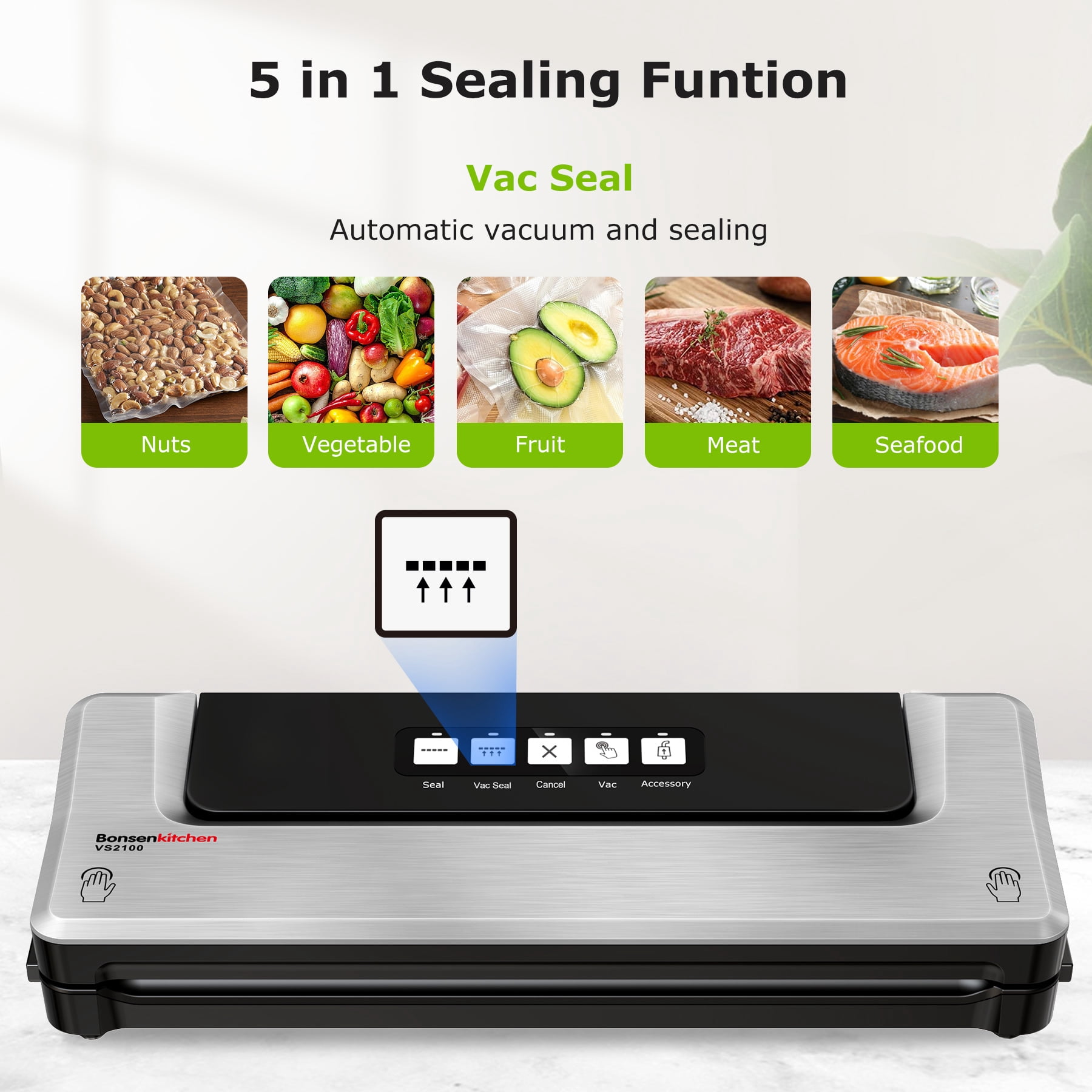 Bonsenkitchen Food Vacuum Sealer Machine with 5 bags, -60Kpa Vacuum Sealer Food Storage Saver