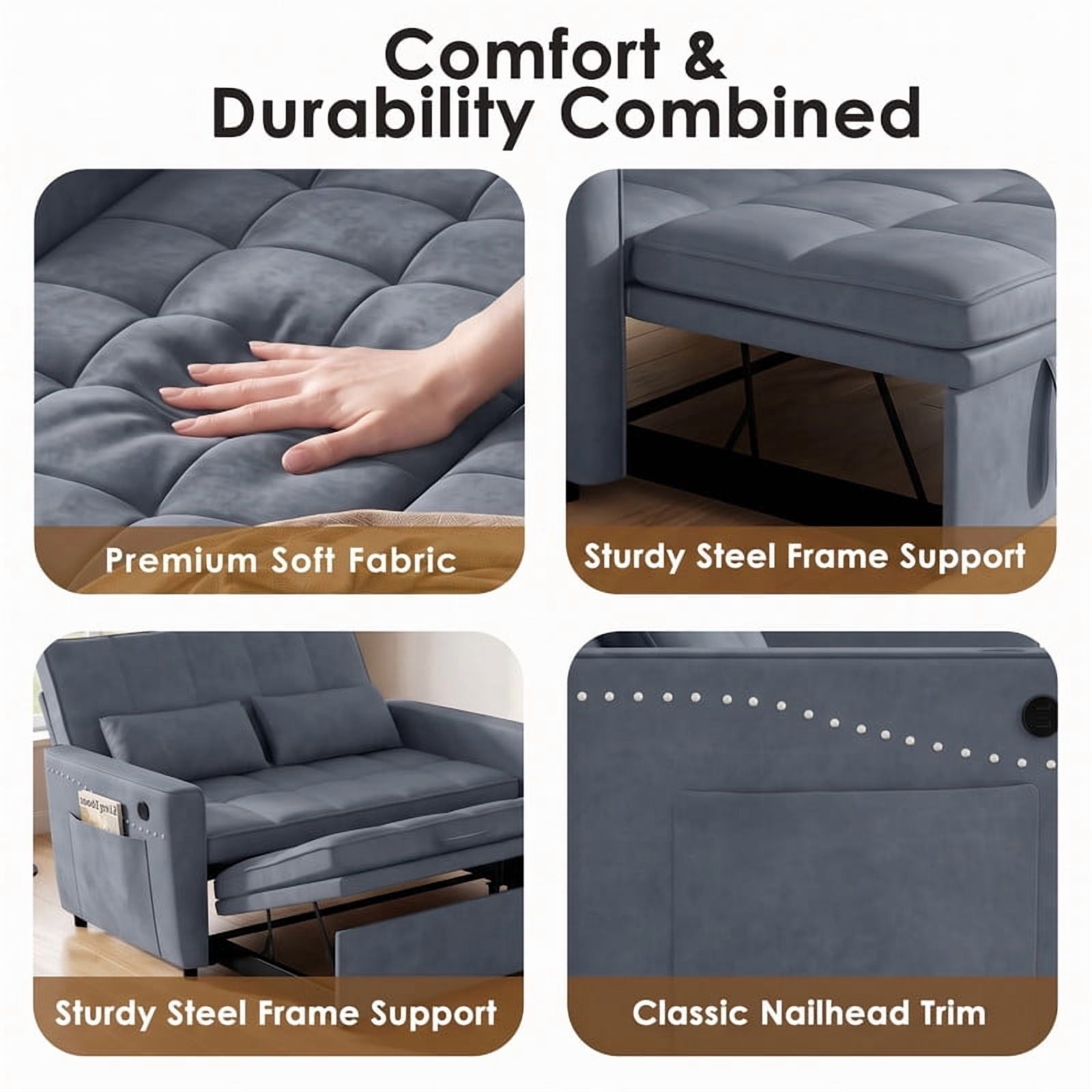 Anpport 54" 3‑in‑1 Convertible Sofa Bed, Sleeper Couch with USB Charging Port, Nailhead Trim & Throw Pillows, Loveseat for Living Room Apartment Small Space, Dark Grey