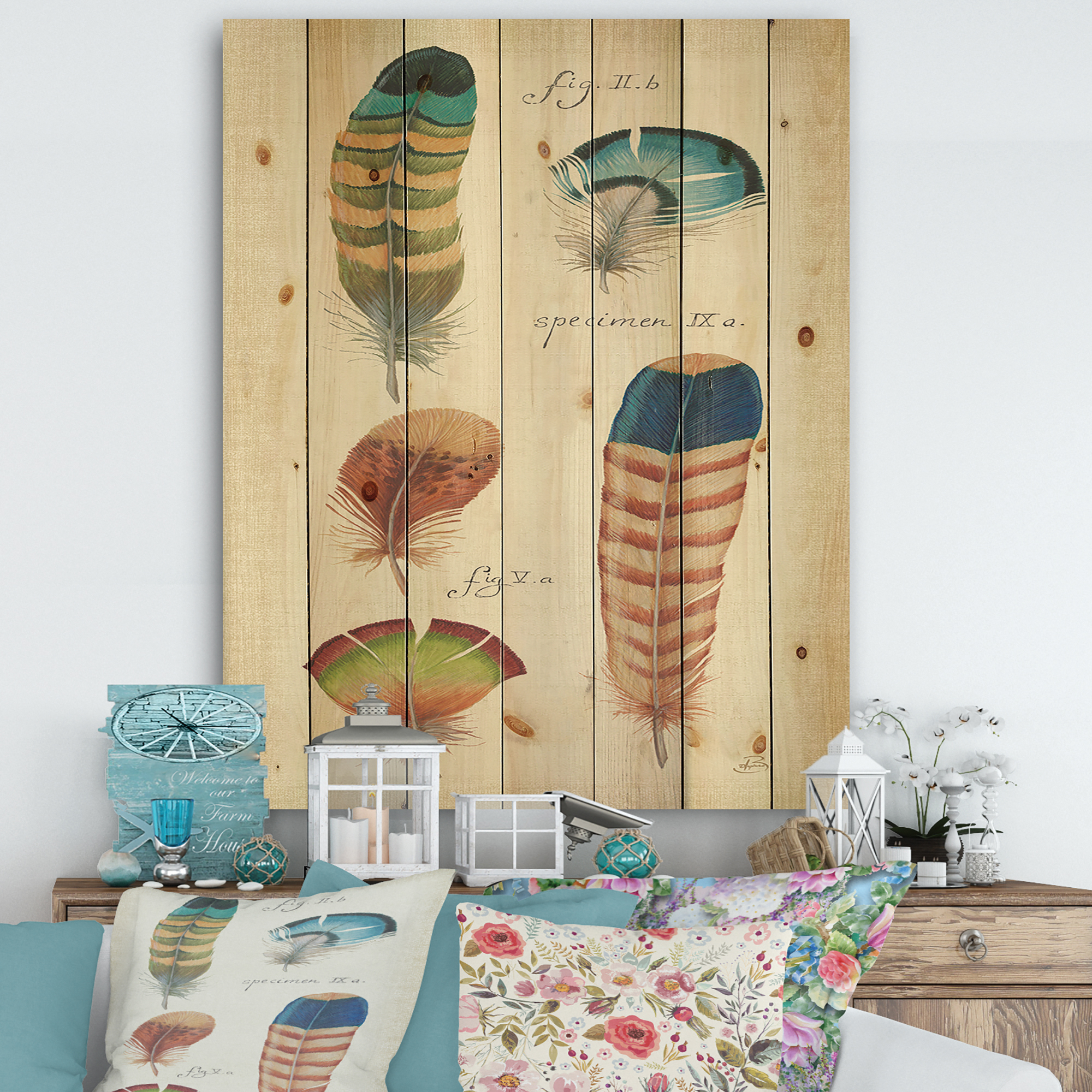 Designart 'Cottage Feathers Family II' Cabin & Lodge Print on Natural Pine Wood