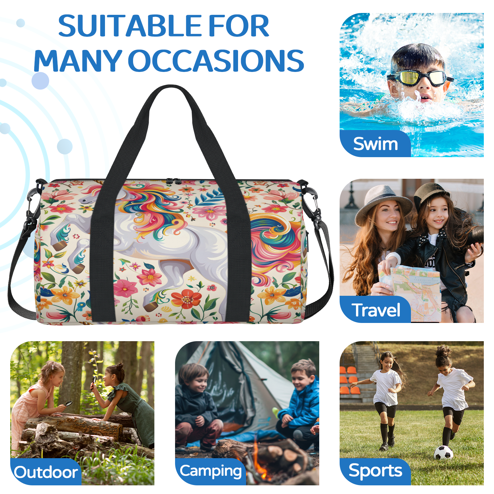 Herdesigns Unicorn Travel Duffle Bag Sports Yoga Weekender Overnight Carry on Workout Bags Lightweight Waterproof Gym Tote Bag for Women Colorful Animal