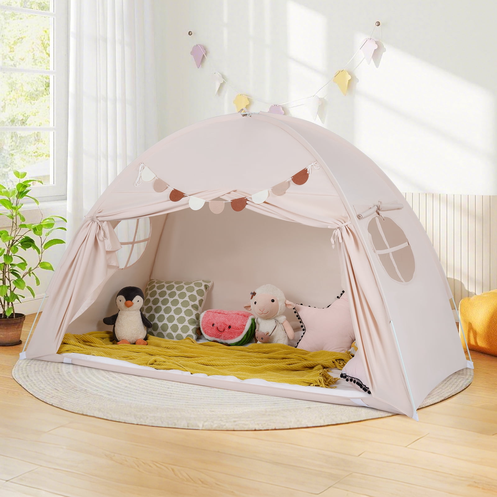 Gymax Twin Full Size Bed Tent w/2 Windows Flags for Boys & Girls Aged 3+ Years Old Beige