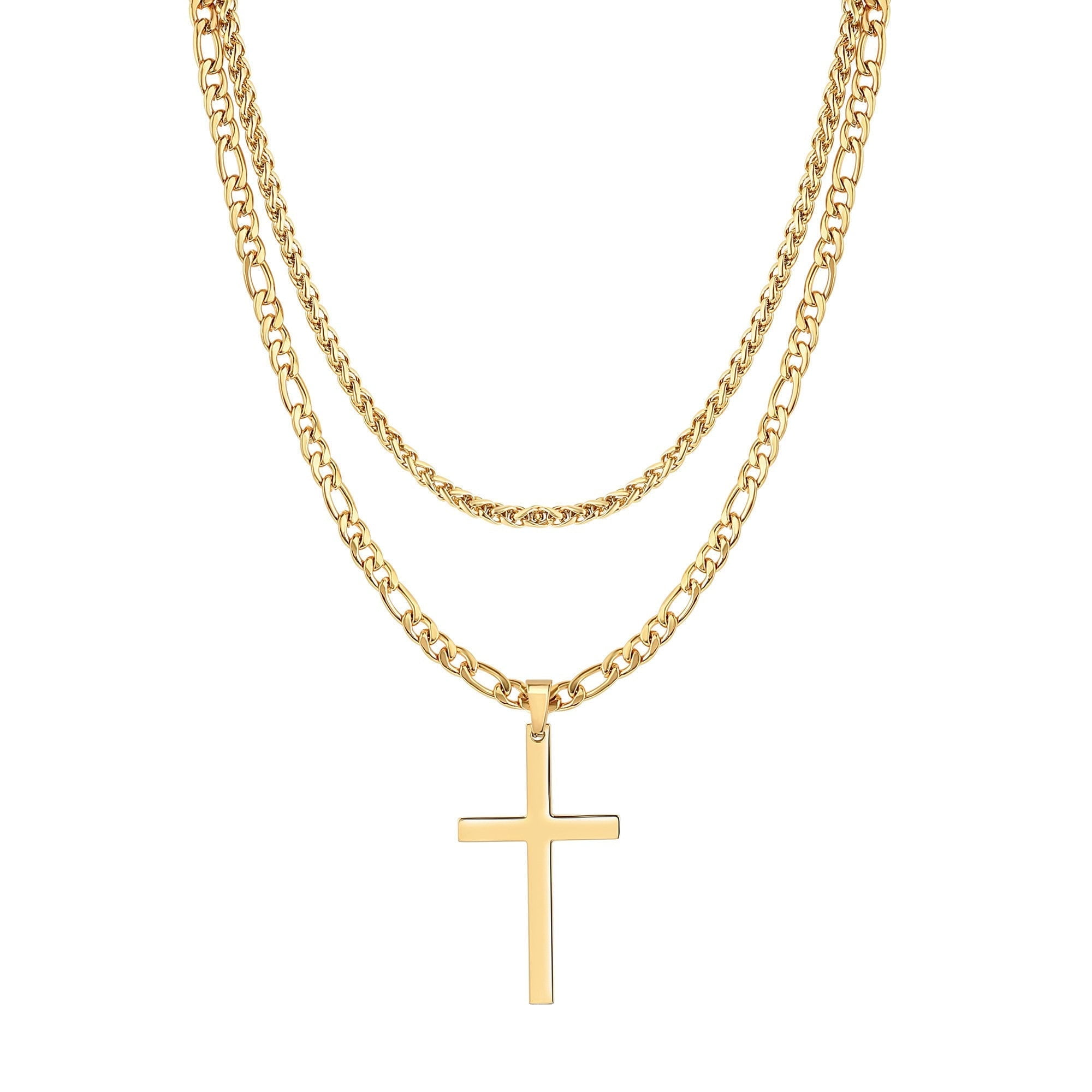 Men's Gold Cross Pendant & 2 Chains Stainless Steel Necklace Set