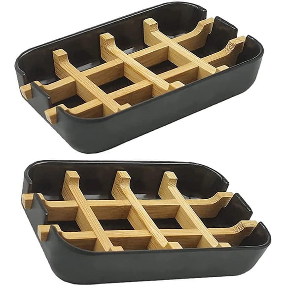 Juego de 2 jaboneras de bambú para jabón en barra, jabonera para baño, bandeja para ducha o bañera, soporte para jaboneras de bambú para ducha o lavabo (negro).
