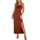 thumbnail image 1 of Vestido largo de mujer con tirantes finos, sin mangas, dobladillo dividido, sin espalda, ajustado, elegante vestido de verano marrón M, 1 of 8