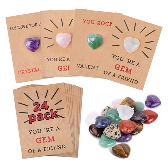 Yammee Valentines Day Gifts 24 Pack Valentines Cards with Heart Crystal for Boys Girls