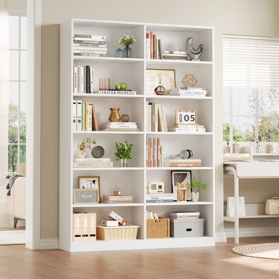 Homfa 6-Tier Double Wide Bookcase, Tall Freestanding Bookcase, Display Bookshelf for Study, Living Room, White